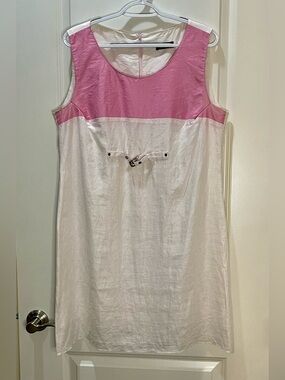 French Glazed Linen Sleeveless Pink and White Mini Dress w/ Buckle Detail XL